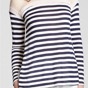 BCBGMaxAzria Navy and White Striped Lace Lexi Top Size Medium
